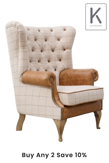 K Interiors Natural Weston Wool and Leather Wing Chair (Q87320) | £1,020