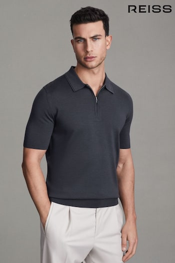Reiss Blue Smoke Maxwell Merino Wool Half-Zip Polo Shirt (Q87424) | £88