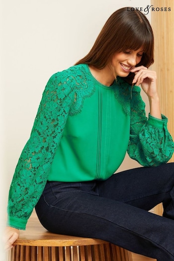 Supreme Time T-Shirt Weiß Jade Green Tie Back Long Sleeve Lace Blouse (Q87448) | £40