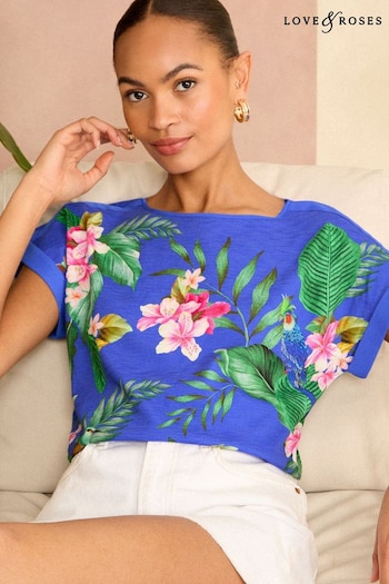 Love & Roses Blue Tropical Print Crew Neck Woven Trim Linen Look Jersey T-Shirt (Q87453) | £26