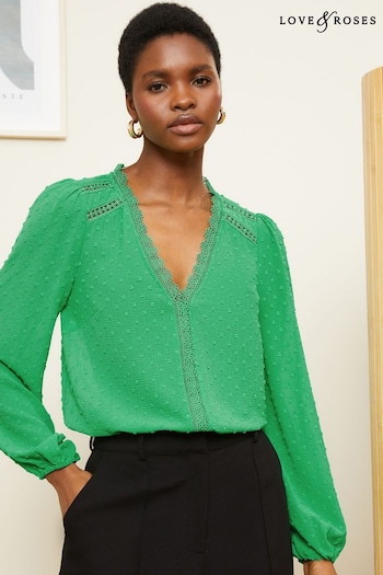 Bootcut & Flare Bright Green V Neck Lace Long Sleeve Lace Trim Dobby Spot Blouse (Q87454) | £35