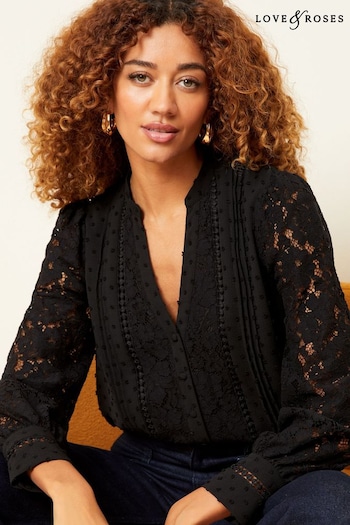 Clear All Filters Black Lace Long Sleeve Button Front V Neck Blouse (Q87464) | £39