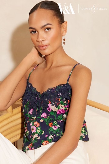 V&A | Love & Roses Navy Blue Floral Lace Trim Camisole (Q87496) | £30