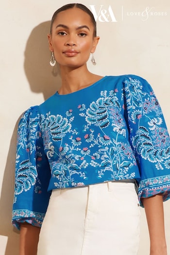 V&A | Suits & Waistcoats Blue Paisley Printed Puff Sleeve Crew Neck Top (Q87509) | £38