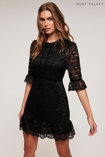 Mint Velvet Black Lace Ruffle Mini Dress (Q87510) | £139