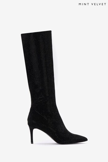 Mint Velvet Black Knee High Sparkle Boots (Q87514) | £199