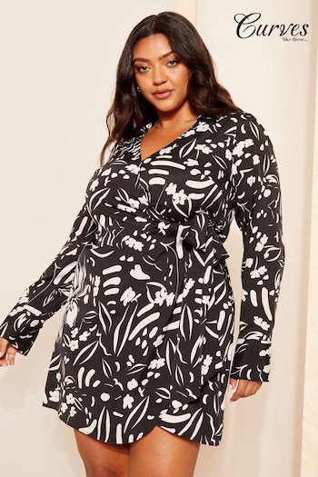Curves Like These Black/White Floral Long Sleeve Wrap Mini Dress (Q87676) | £36
