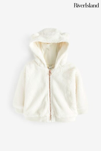 River Island Cream Girls Fur Zip Through Hoodie (Q88347) | £30