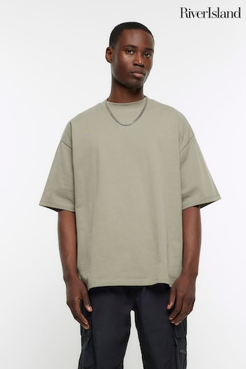 River Island Green Khaki RI Heavyweight Oversized T-Shirt (Q88349) | £20