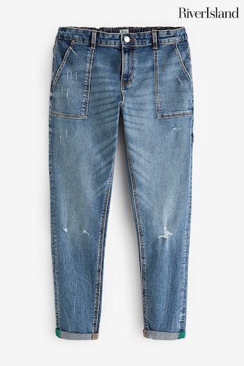 River Island Blue Boys Denim Mid Blue Tapered Textured Jeans (Q88352) | £20