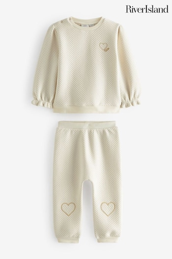 River Island Cream Baby Girls Quilted Sweat Jogger Set (Q88353) | £22