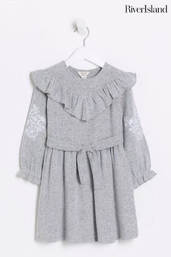 River Island Grey Mini Girls Cosy Embroidery Dress (Q88371) | £20