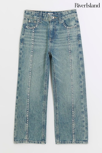 River Island Blue Girls Mid Studded Straight Fit Jeans georgia (Q88373) | £28 - £38
