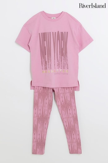 River Island Pink Girls New York Graphic T-Shirt Set (Q88385) | £18