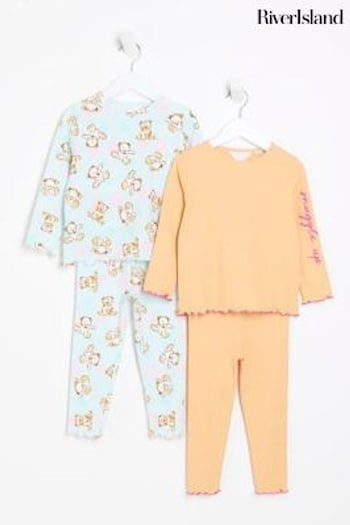 River Island Green/Orange Girls Teddy Mulitpack Pyjamas (Q88437) | £22