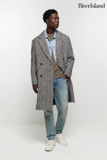 River Island Grey Textured Double Breasted Overcoat (Q88456) | £130