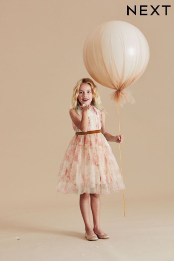 Pink Floral Mesh Tie Back Party Dress (3-16yrs) (Q88459) | £27 - £33