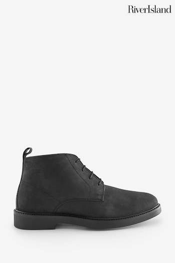 River Island Black Wide Fit Leather Lace-Up Chukka 1012B178-500 Boots (Q88488) | £48
