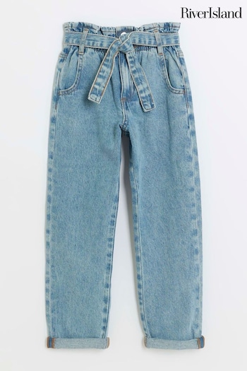 River Island Blue Girls Denim Shirred Waistband Paperbag Jeans (Q88499) | £25 - £34