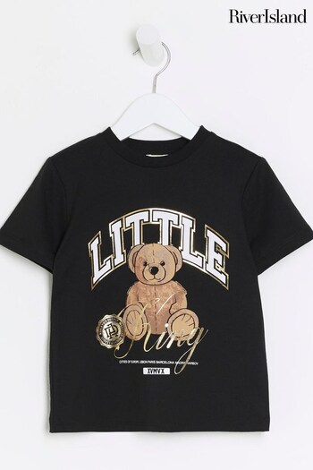 River Island Black Boys Little King Bear T-Shirt (Q88505) | £10