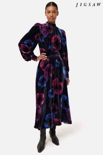 Jigsaw Purple Winter Hibiscus Velvet Dress (Q88513) | £385