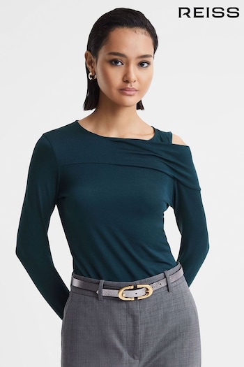 Reiss Teal Adeline Draped Shoulder Top (Q88521) | £88