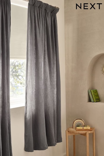 Charcoal Grey 100% Cotton Crinkle Pencil Pleat Curtains (Q88590) | £25 - £55