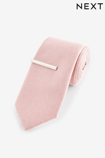 Light Pink Slim Textured Tie And Clip (Q88736) | £14