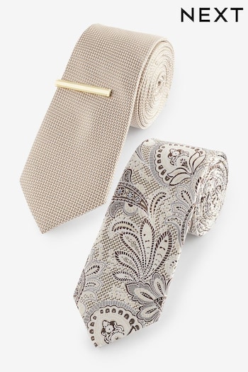 Neutral Brown Paisley Textured Tie And Clips 2 Pack (Q88789) | £20