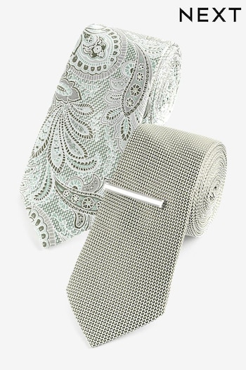 Sage Green Paisley Textured Tie And Clips 2 Pack (Q88808) | £20