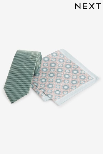 Sage Green Slim Tie And Geometric Pocket Square Set (Q88821) | £16