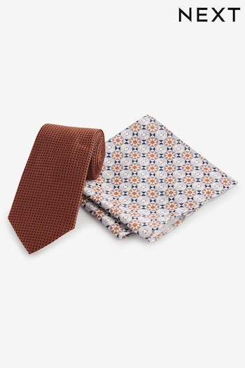 Rust Orange Slim Tie And Geometric Pocket Square Set (Q88822) | £16