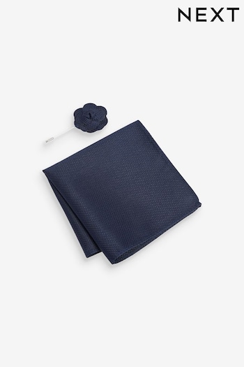 Navy Blue Textured Silk Lapel Pin And Pocket Square Set (Q88842) | £10