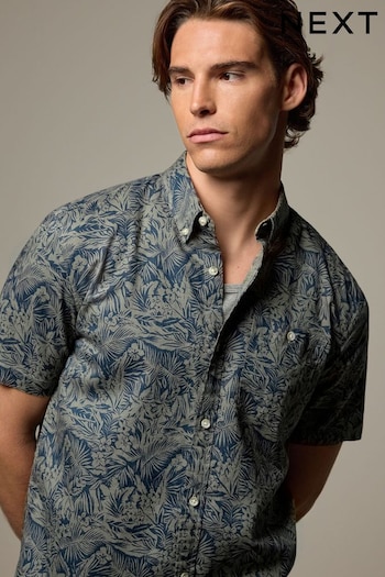 Green Floral Print Linen Blend Short Sleeve Shirt (Q88869) | £13.50