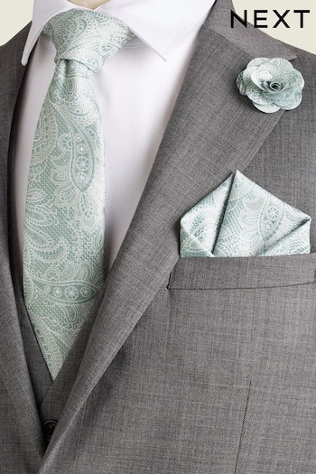 Sage Green Textured Paisley Tie, Pocket Square And Pin Set (Q88881) | £18