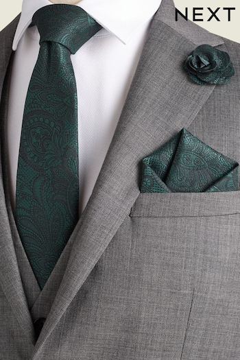 Forest Green Textured Paisley Tie, Pocket Square And Pin Set (Q88882) | £18