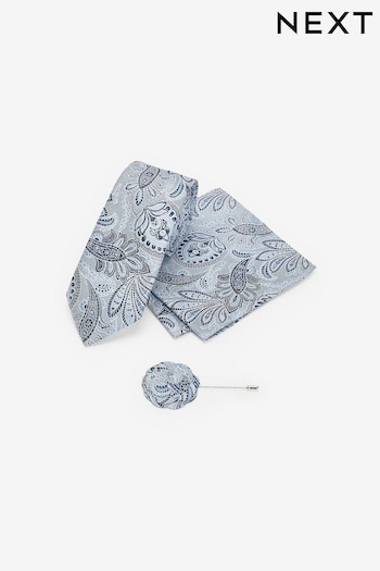 Light Blue Textured Paisley Tie, Pocket Square And Pin Set (Q88886) | £18