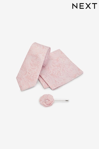 Light Pink Textured Paisley Tie, Pocket Square And Pin Set (Q88887) | £18