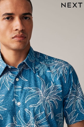 Blue Bamboo Printed Short Sleeve Shirt With Cuban Collar (Q89141) | £30