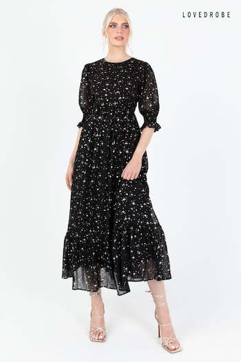 Lovedrobe Printed Puff Sleeve Black Midaxi Dress (Q89155) | £79