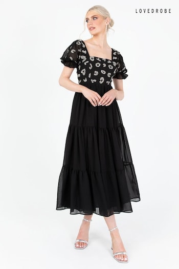 Lovedrobe Black Square Neck Animal Embellished Midaxi Dress (Q89156) | £95
