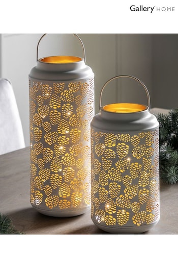 Gallery Home White Christmas Pinecone Large LED Lantern Light (Q89164) | £25