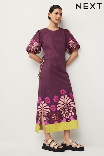 Wine Red Floral Placement Ruched Side Puff Sleeve Midi Dress (Q89182) | £52