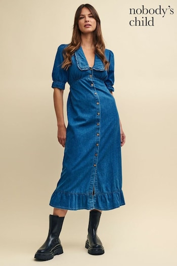 Nobodys Child Blue Denim Annalise Collared Midaxi Dress V-Neck (Q89355) | £69