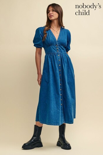 Nobodys Child Blue Denim Short Sleeve Starlight Midi Dress V-Neck (Q89357) | £85