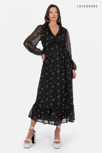 Lovedrobe Print Floral Frill Detail Black Midaxi Dress (Q89454) | £60