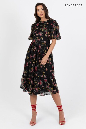 Lovedrobe Floral Print Puff Sleeve Black Midi Dress (Q89471) | £60