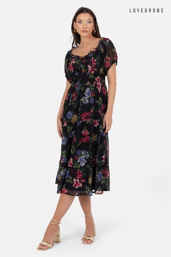 Lovedrobe Floral Print Sweetheart Neck Black Midi Dress (Q89473) | £55