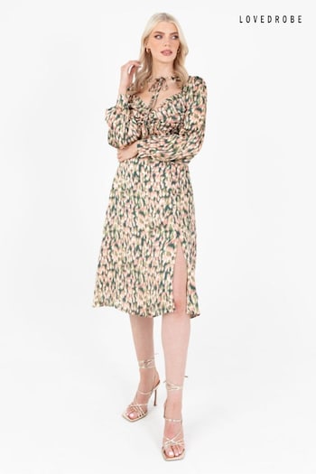Lovedrobe Green Printed Twist Front Tie Neck Satin Midi Dress (Q89477) | £75