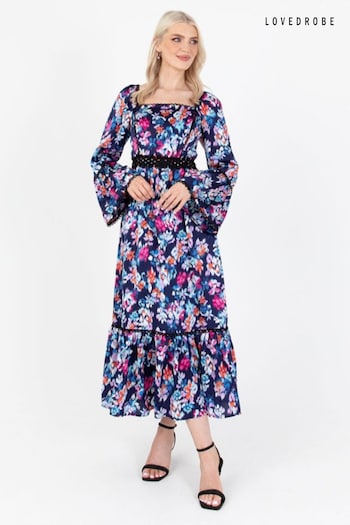 Lovedrobe Blue Print Lace Trimmed Satin Midaxi Dress (Q89479) | £80